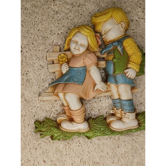 Antique Homco Wall Decor Two Kids Sitting On Bench Love Cute couple VTG Decor - Picture 3 of 8